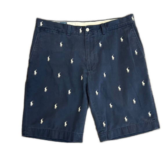Polo Ralph Lauren Navy All-Over Embroidered Pony Flat Front Chino Shorts Size 36 - Picture 1 of 12